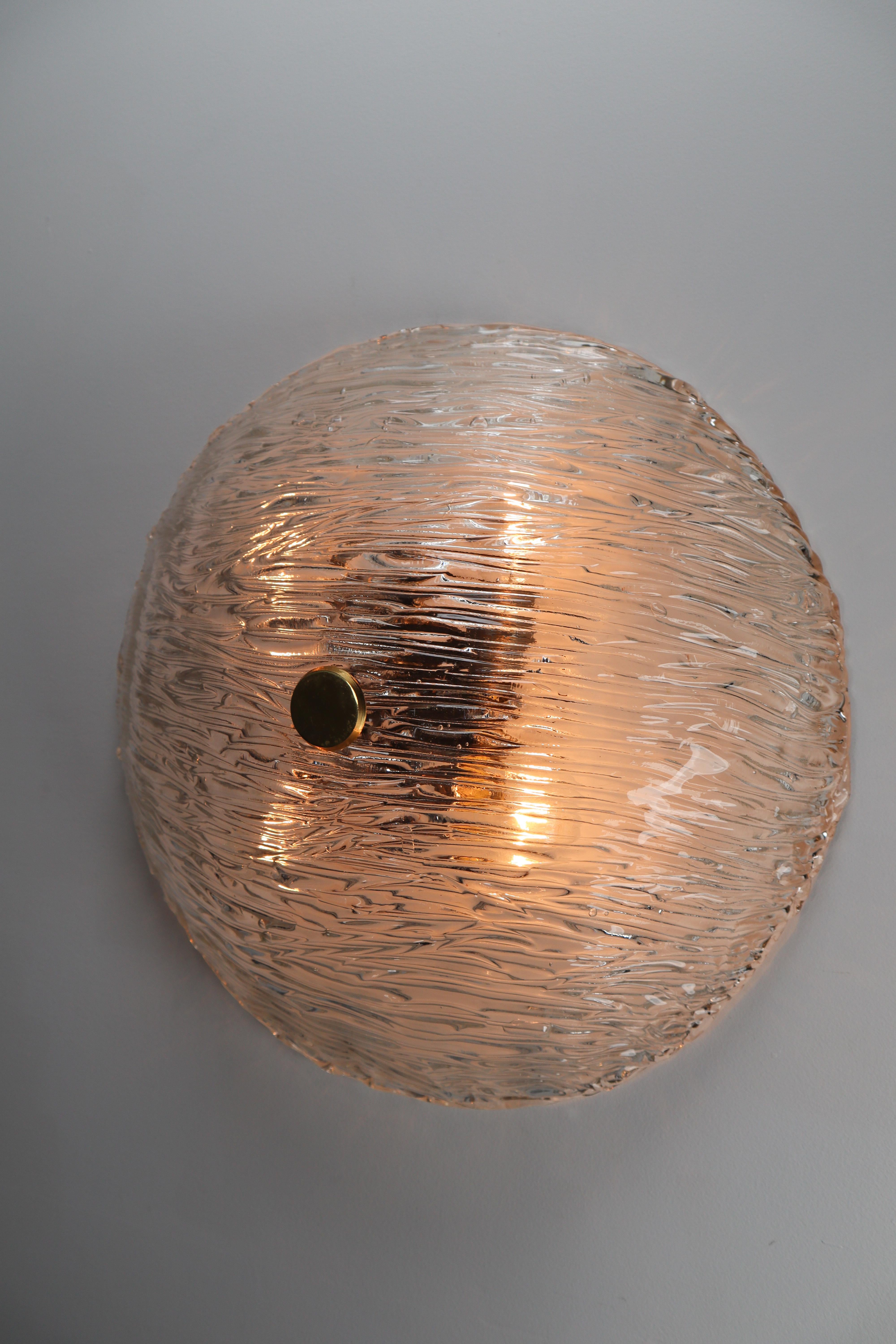 Brass 12 Large Round Modernist Textured Ice Glass Flush Mounts or Wall Lights, 1960s