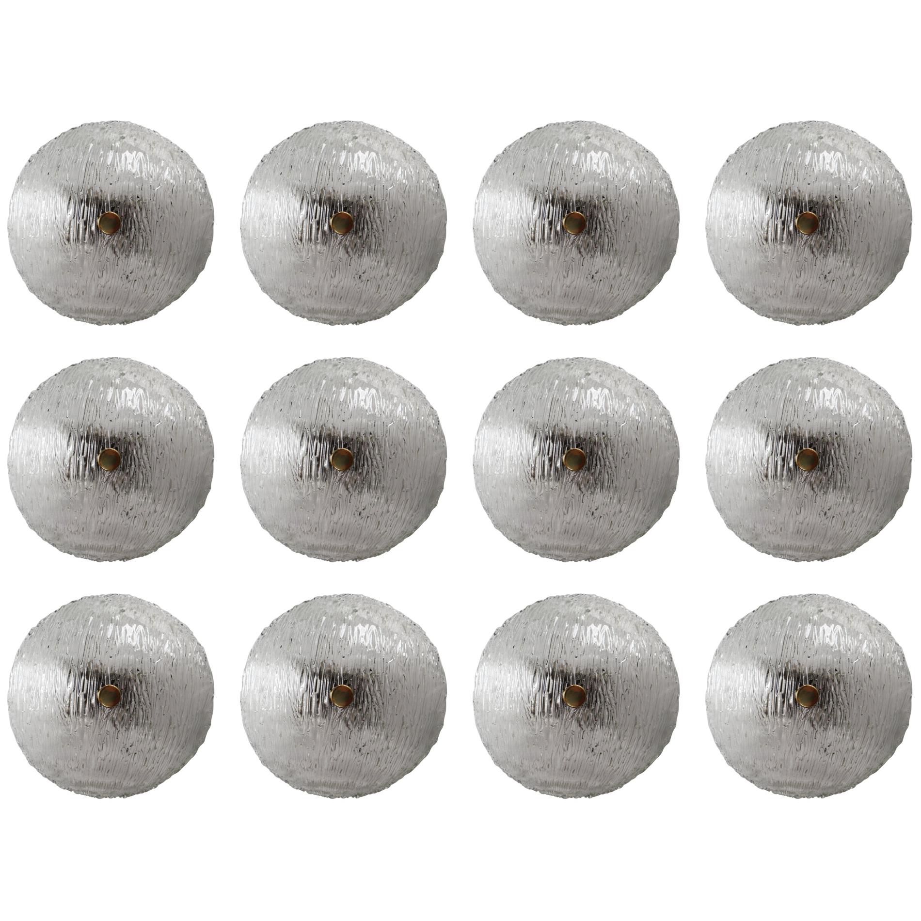 12 Large Round Modernist Textured Ice Glass Flush Mounts or Wall Lights, 1960s