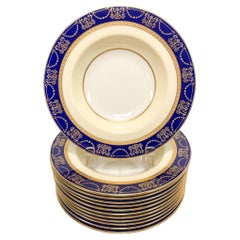  12 Lenox Porcelain Rimmed Soup Bowls, circa 1920, Cobalt Blue and Gilt