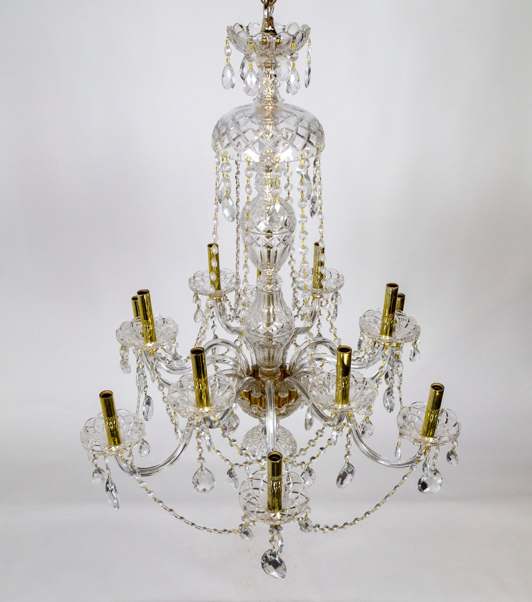 Late 20th Century 12-Light 2-Tier Bohemian Glass Chandelier w/ Gold Tone Candle Covers For Sale