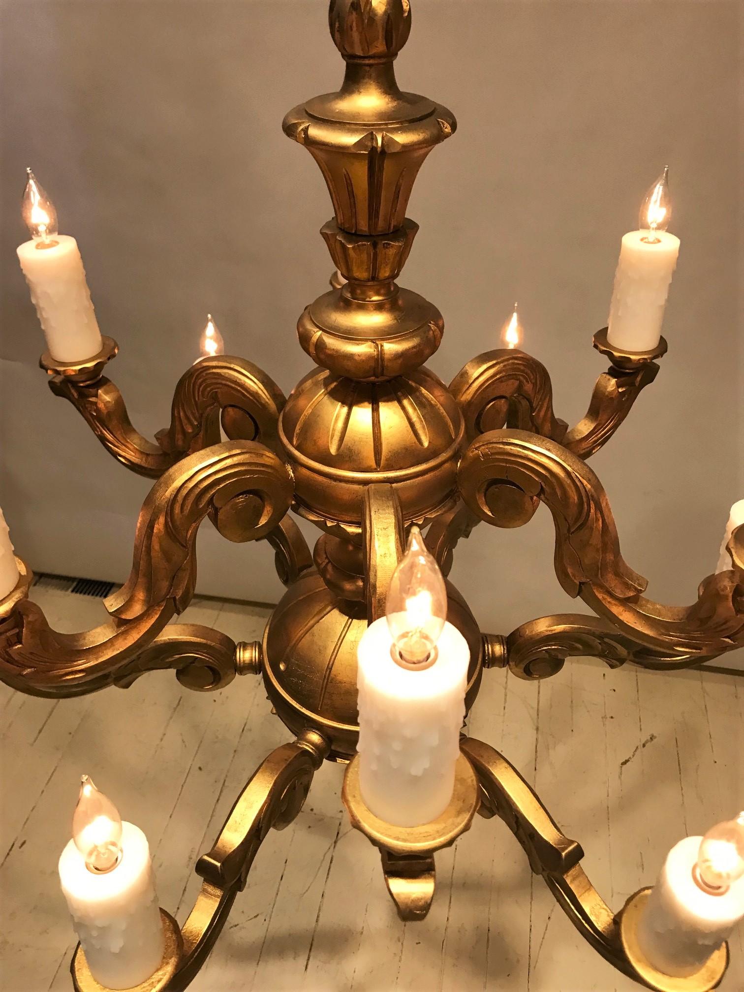 12-Light Baroque Style Carved Gilt Wood Chandelier, Denmark, Circa:1935 In Good Condition For Sale In Alexandria, VA