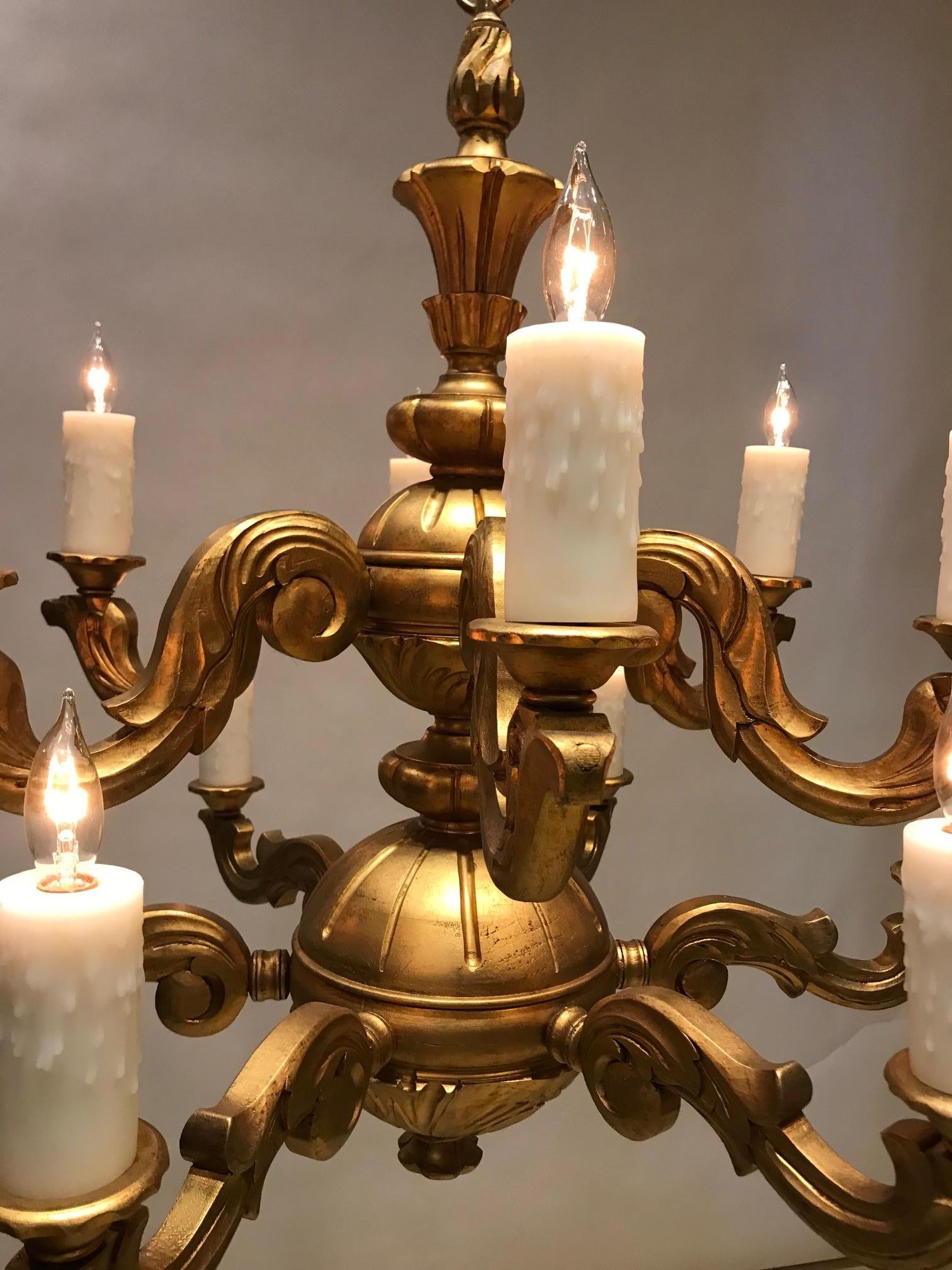 20th Century 12-Light Baroque Style Carved Gilt Wood Chandelier, Denmark, Circa:1935 For Sale