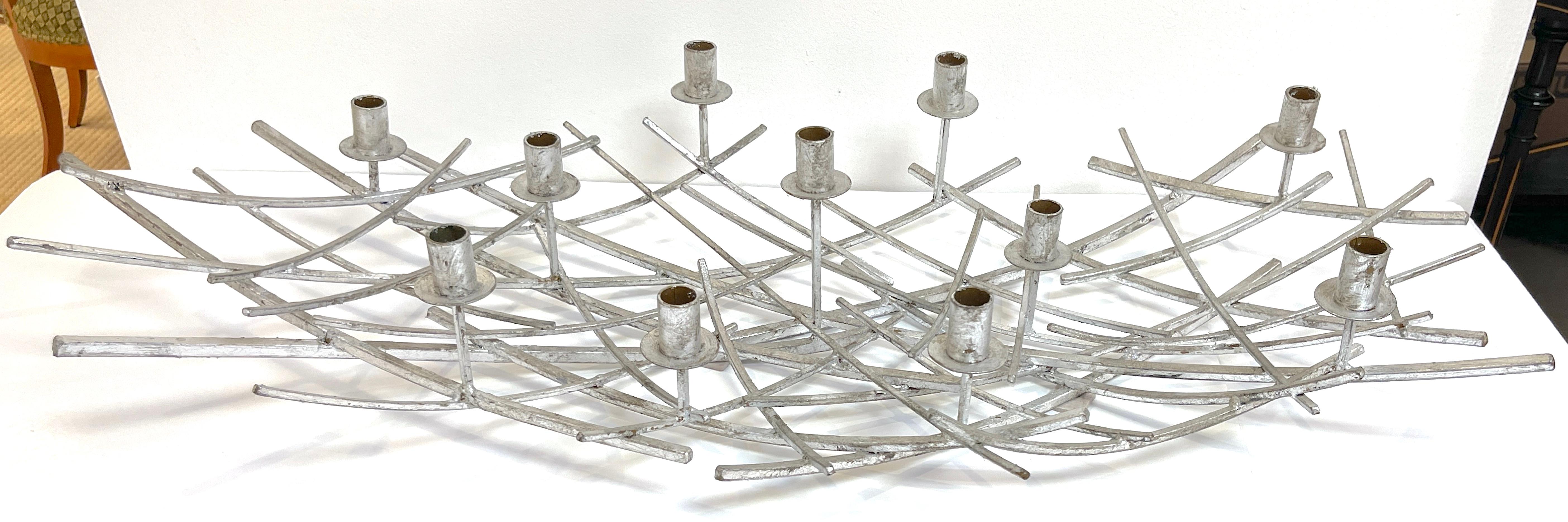 12 Light French Modern Kinetic Silvered Metal Candelabra Centerpiece   In Good Condition For Sale In West Palm Beach, FL