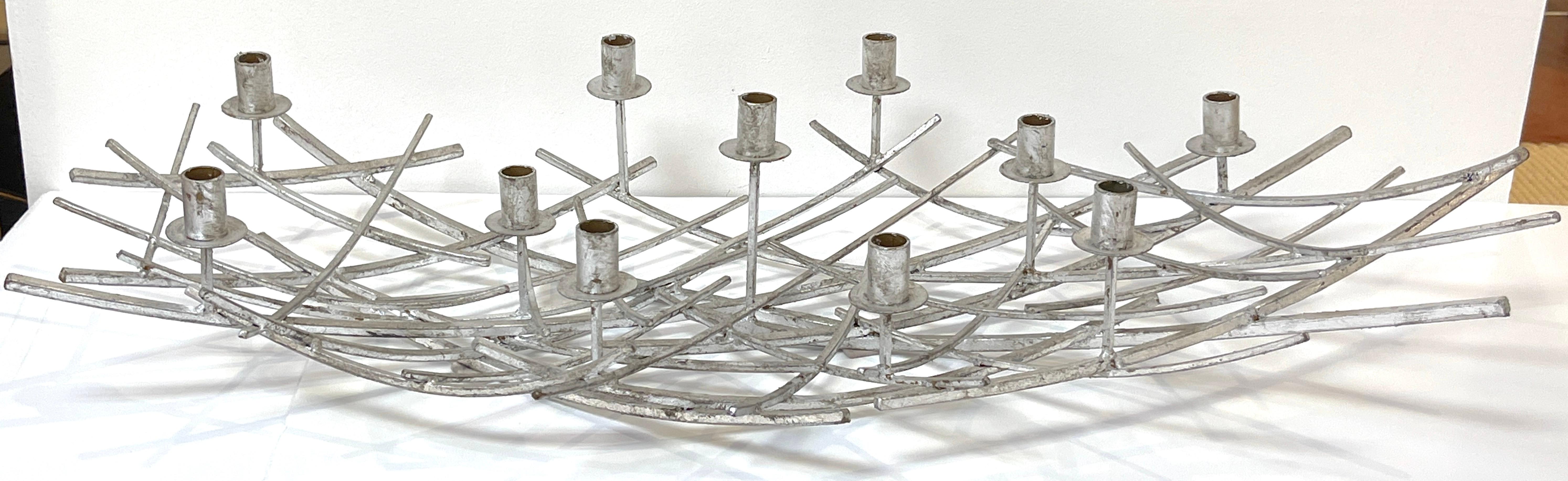 20th Century 12 Light French Modern Kinetic Silvered Metal Candelabra Centerpiece   For Sale