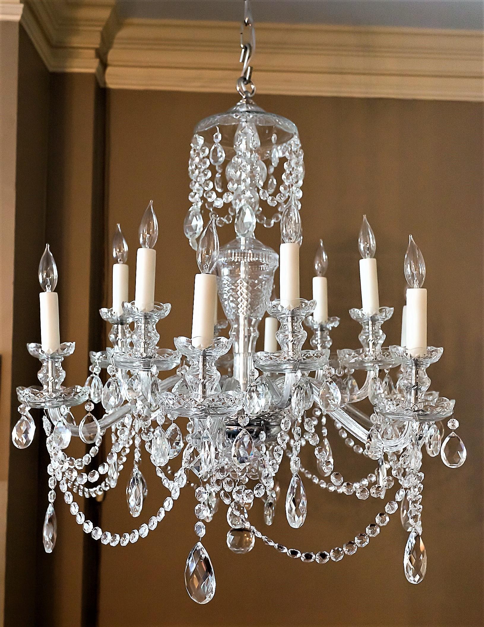 Hand blown and cut crystal components with lights in 2 tiers. Excellent copy of a late 18th century Georgian design. Ceiling cap, hanging hardware, and one foot of chain included.
