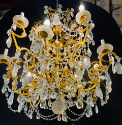 12 Light Gilt Metal Rock Crystal Chandelier. Hollywood Regency in Style