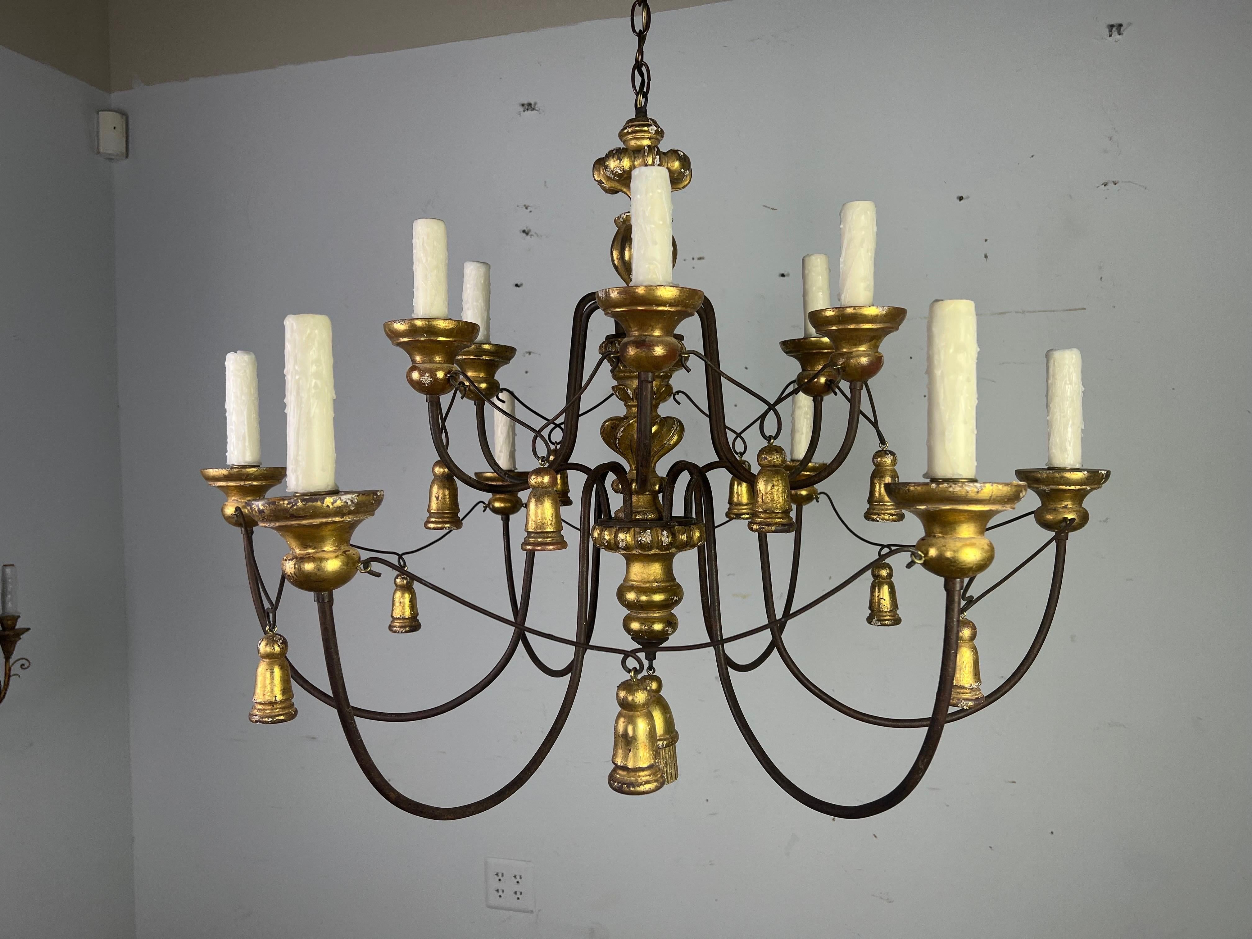Rococo 12 Light Giltwood and Iron Chandelier by Paul Ferrante-20th Century