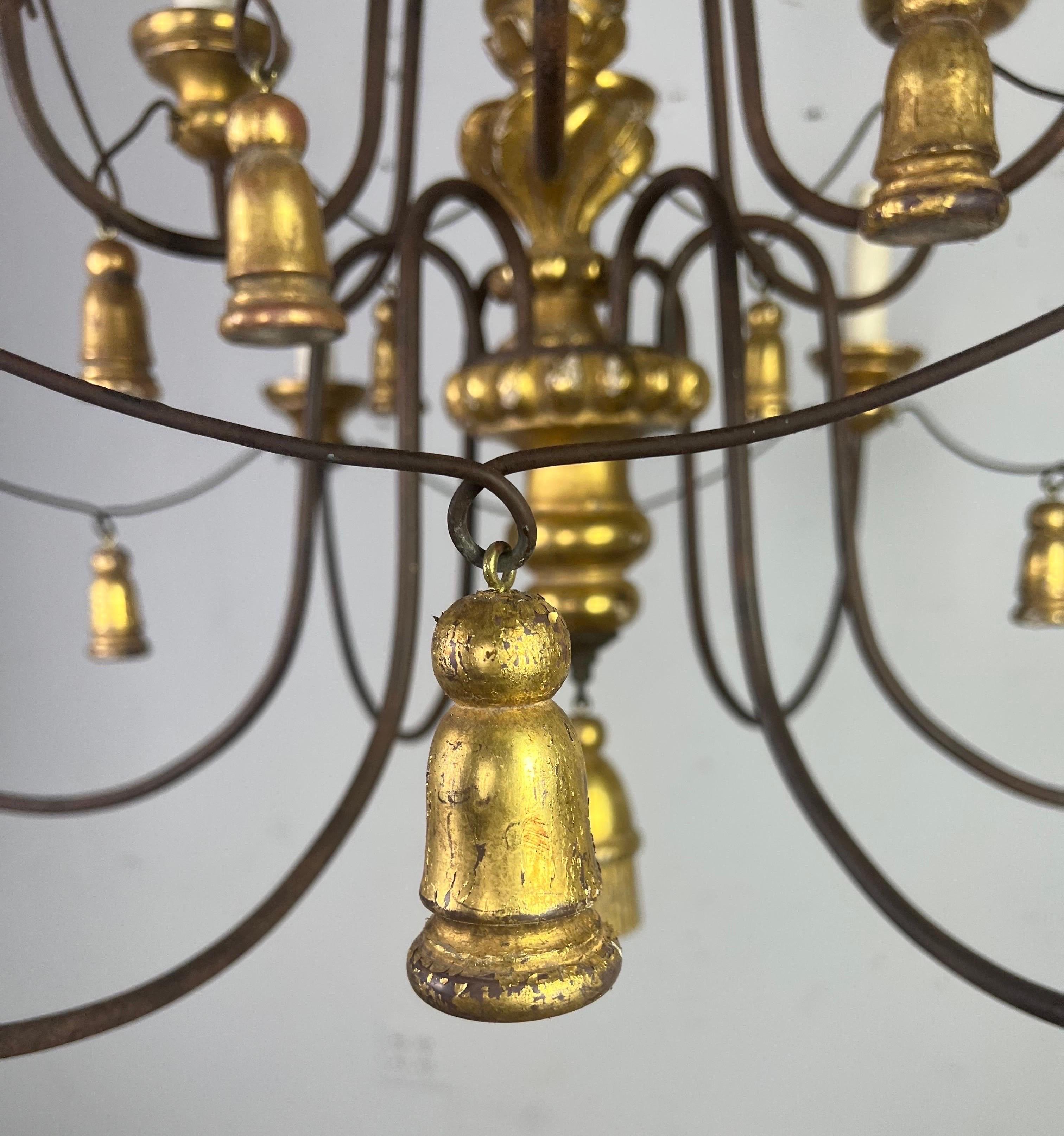 American 12 Light Giltwood and Iron Chandelier by Paul Ferrante-20th Century