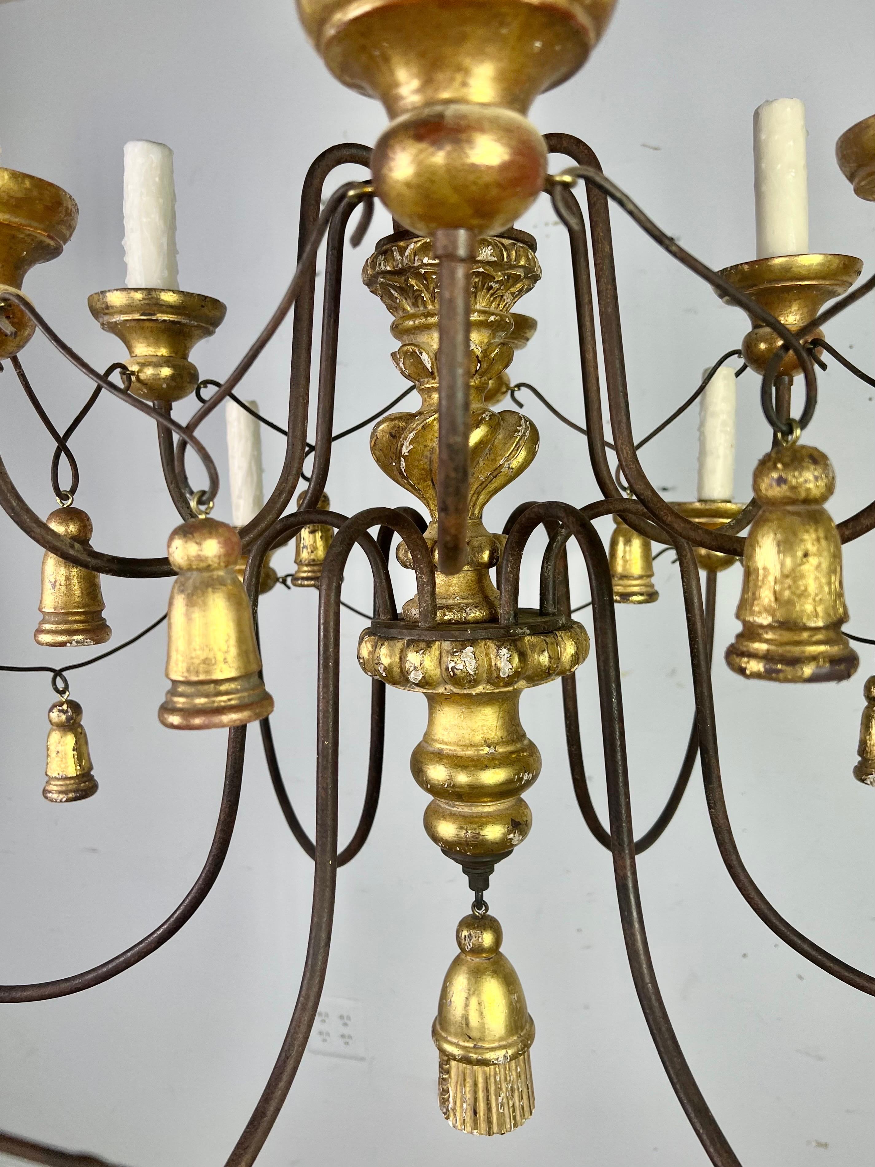 12 Light Giltwood and Iron Chandelier by Paul Ferrante-20th Century In Good Condition In Los Angeles, CA