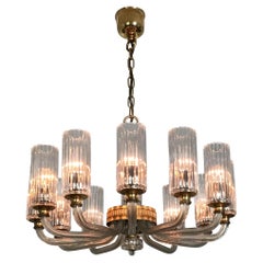 12-Light Italian Glass and Gilt Brass Chandelier, circa 1980s