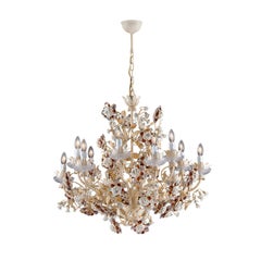 12-Light Ivory Metal and Capodimonte Porcelain Rose Chandelier