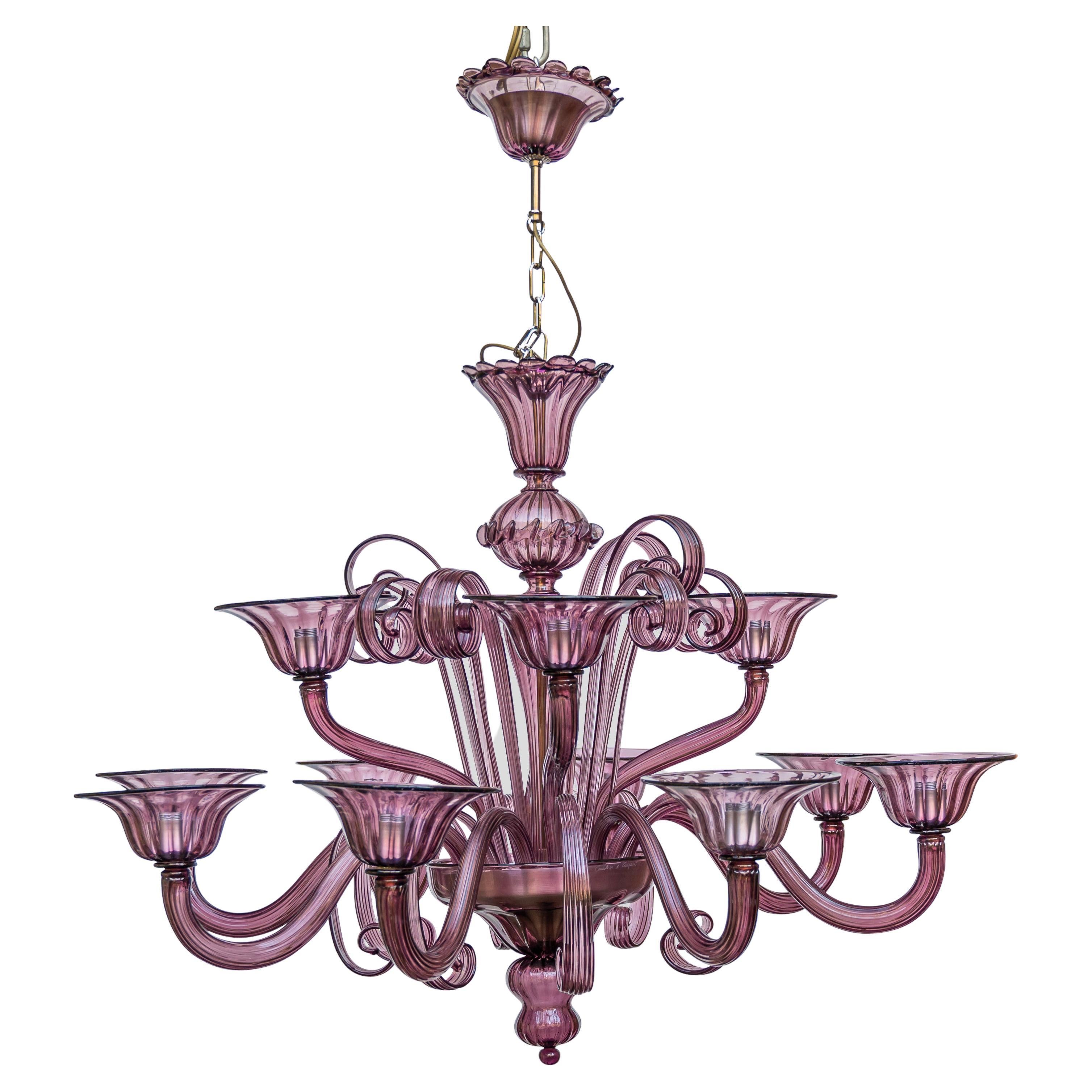 Lampadario classico veneziano a 12 luci di colore viola di Cenedese Italia in vendita