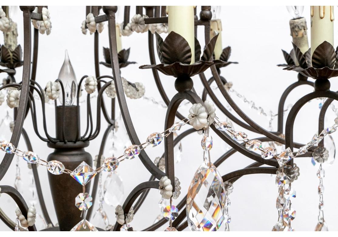 12 Light Wrought Iron And Crystal Chandelier In Good Condition For Sale In Bridgeport, CT