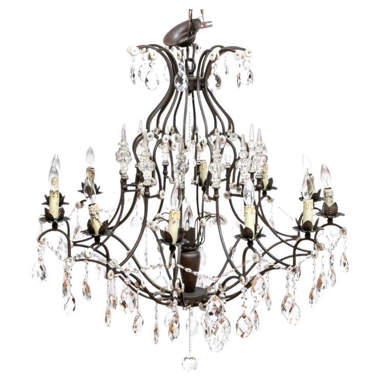 12 Light Wrought Iron And Crystal Chandelier For Sale
