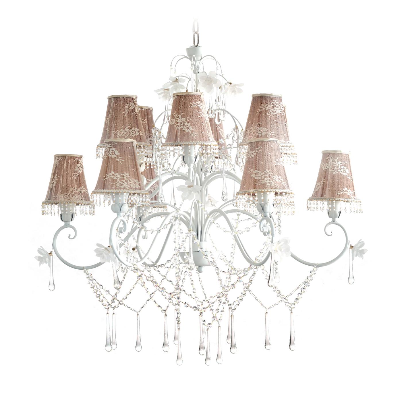 Sophisticated chandelier in Baroque style, finely worked and embellished with hanging crystals adding even more elegance and originality. This 12 light chandelier, with a diameter of 87 cm and a height of 90 cm, features a white structure and