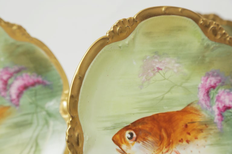 12 Limoges Fish Plates, Hand Painted Artist Signed, Antique, circa 1890