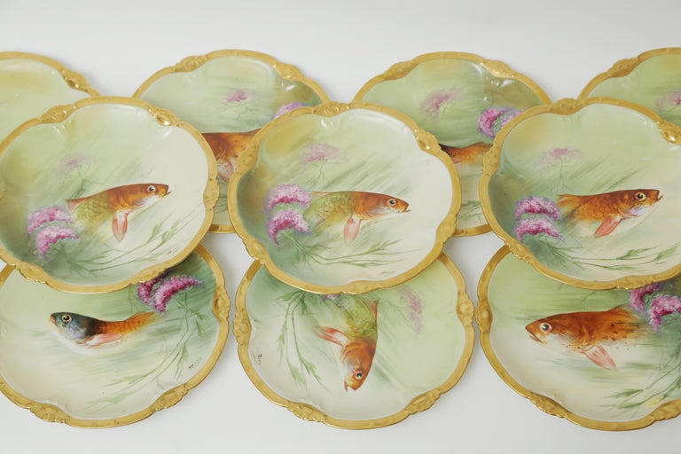 12 Limoges Fish Plates, Hand Painted Artist Signed, Antique, circa 1890