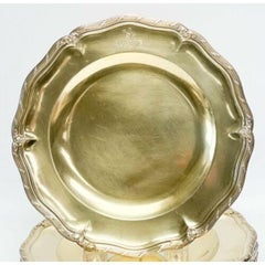 12 Maison Odiot French Gilt 950 Silver Dessert Plates Engraved Armorials, C.1900