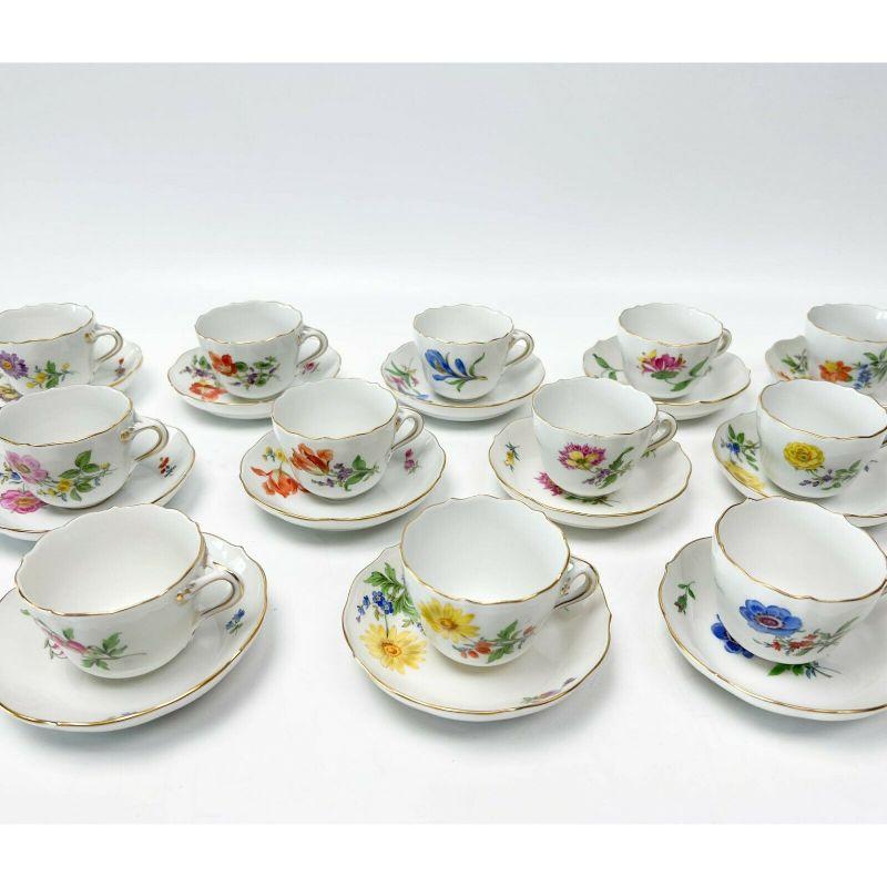 Hand-Painted 12 Meissen Germany Hand Painted Porcelain Demitasse Cups & Saucers Florals For Sale