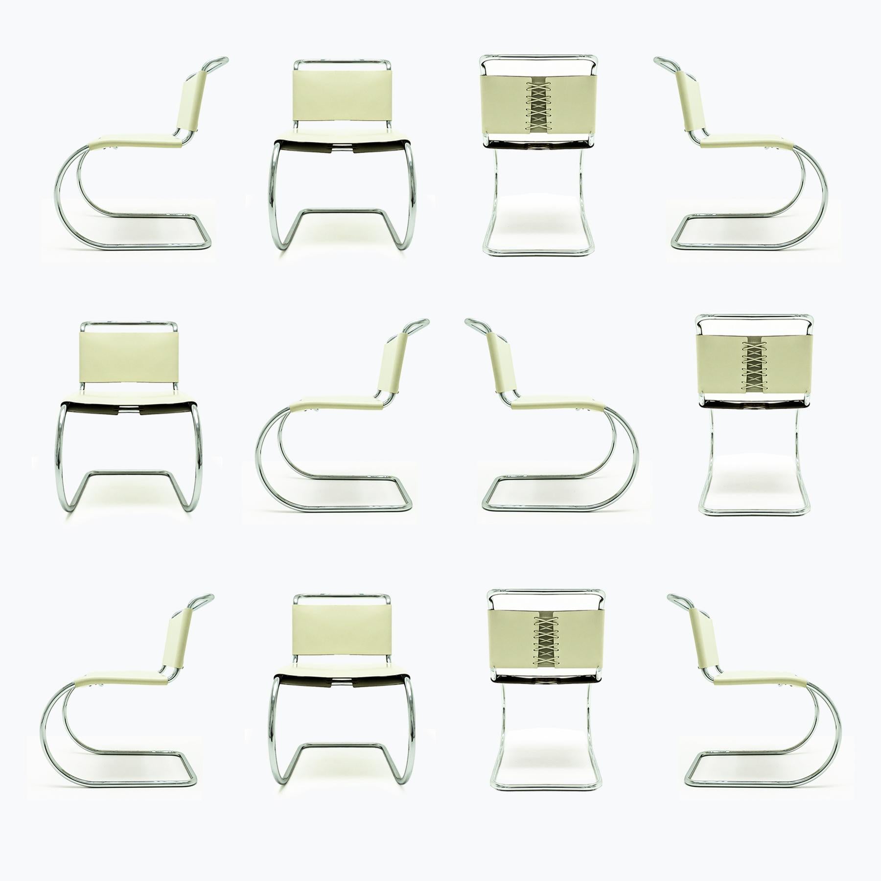 12 Mies van der Rohe Bauhaus MR10 cream leather dining chairs by Knoll  In Good Condition In Highclere, Newbury