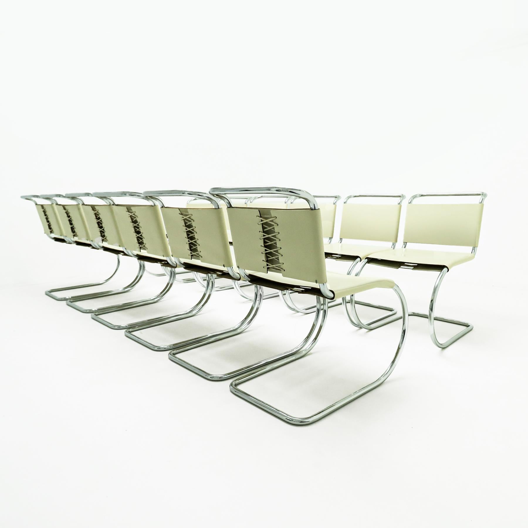Steel 12 Mies van der Rohe Bauhaus MR10 cream leather dining chairs by Knoll 