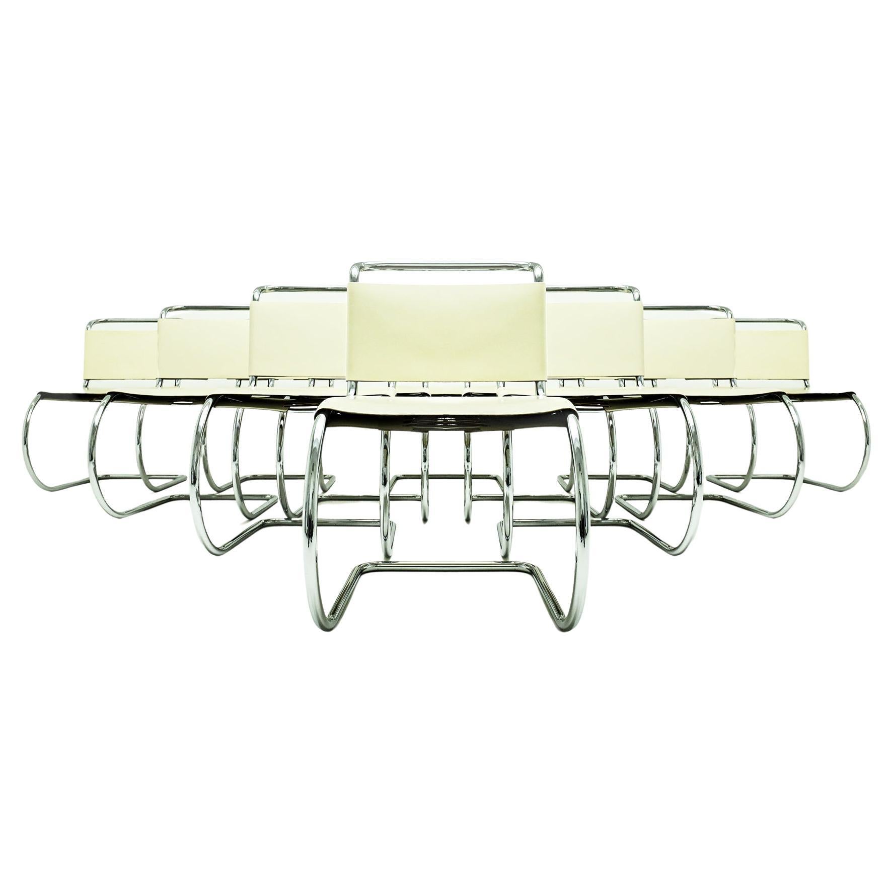 12 chaises de salle à manger Bauhaus MR10 en cuir crème Mies van der Rohe pour Knoll 