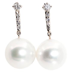 12 Millimetre South Sea Pearl and Diamond Drop Earrings in 18 White Carat Gold