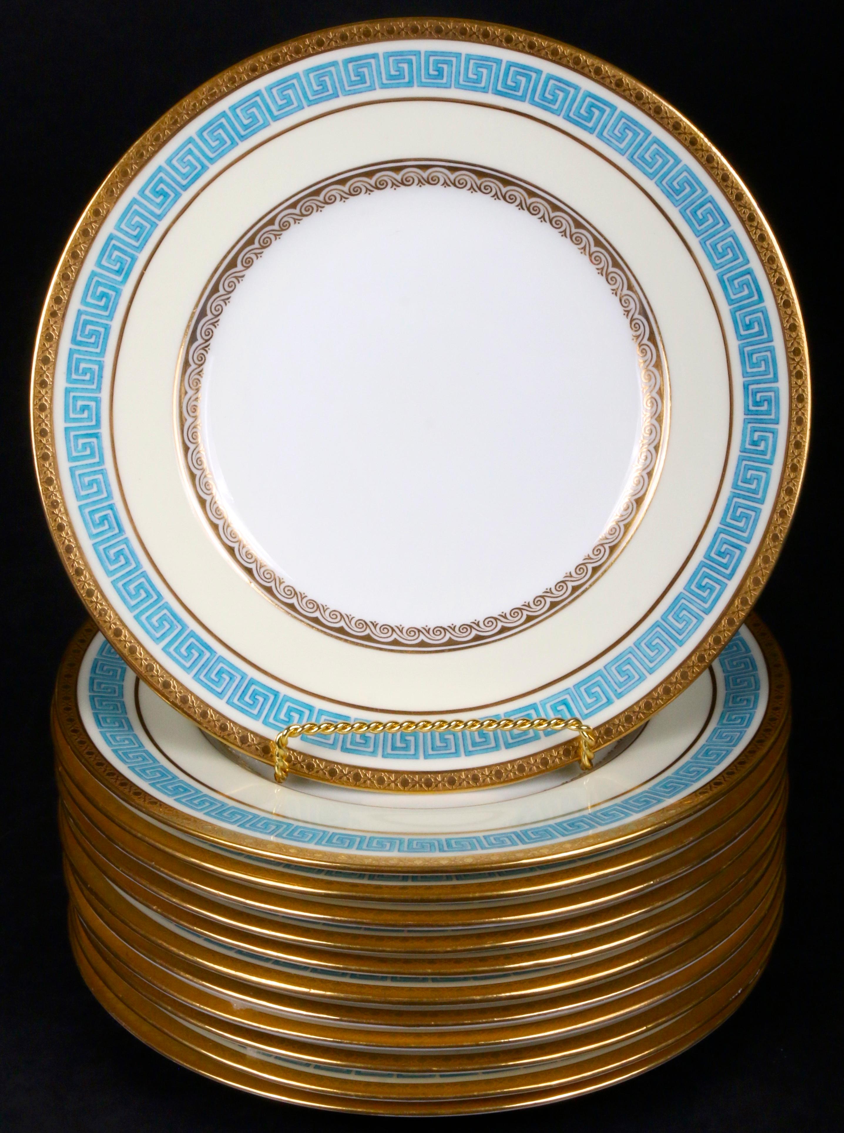 Neoclassical 12 Minton Celeste Blue Greek Key Plates For Sale