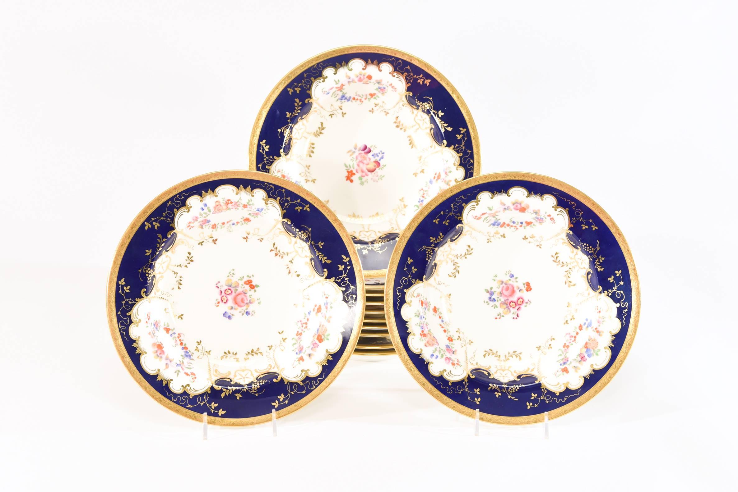 Gilt 12 Minton 19th c. Cobalt Blue Floral Gold & White Rimmed Large Soup Bowls For Sale