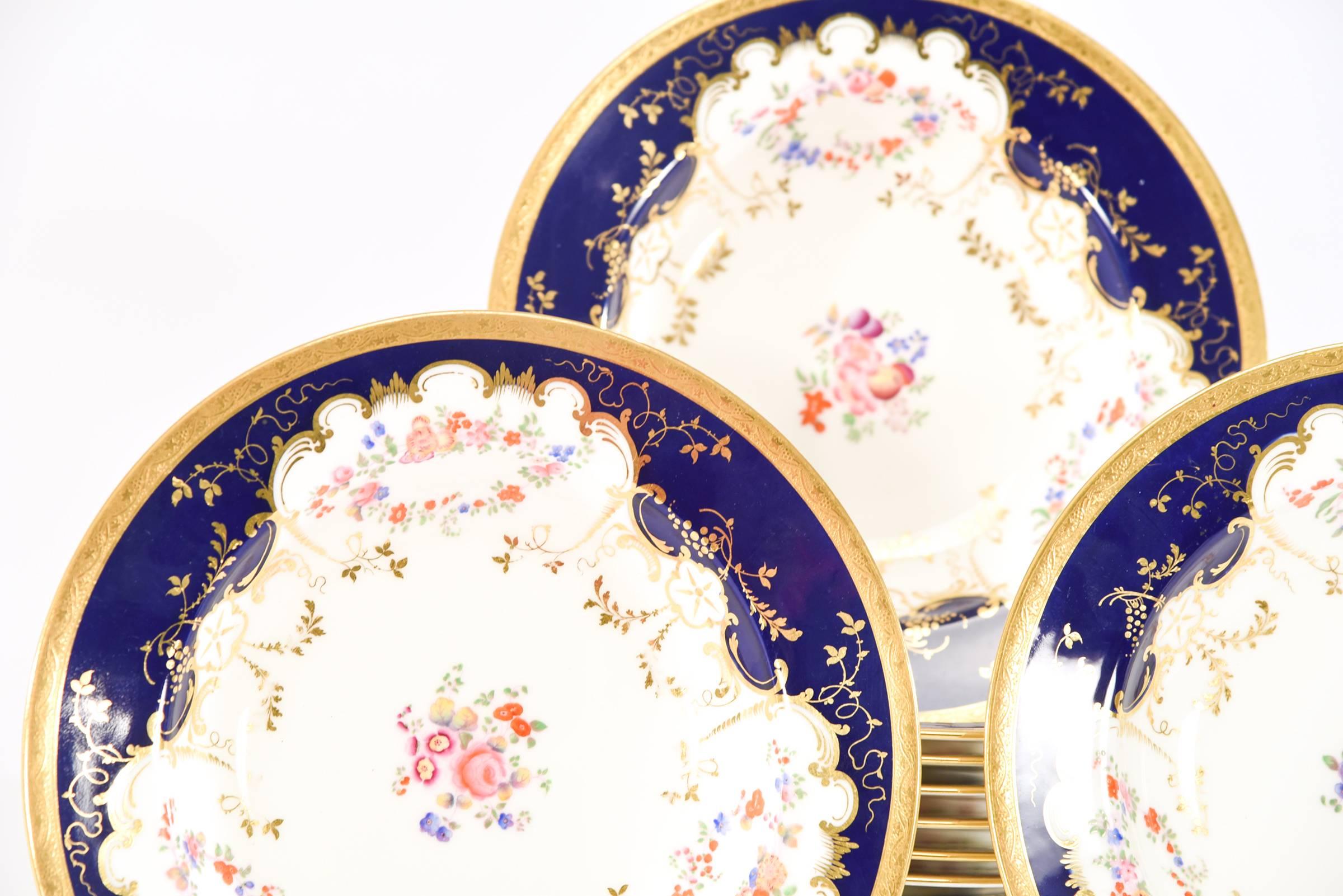 12 Minton 19th c. Cobalt Blue Floral Gold & White Rimmed Large Soup Bowls In Excellent Condition For Sale In Great Barrington, MA