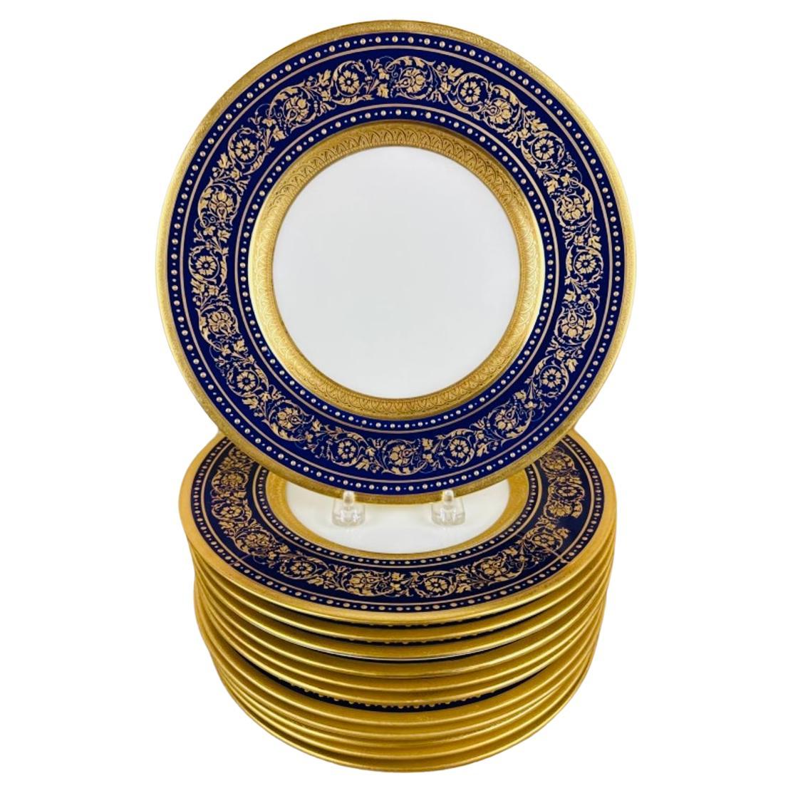 12 Minton England Antike benutzerdefinierte kobaltblau aufwendig vergoldet Speiseteller