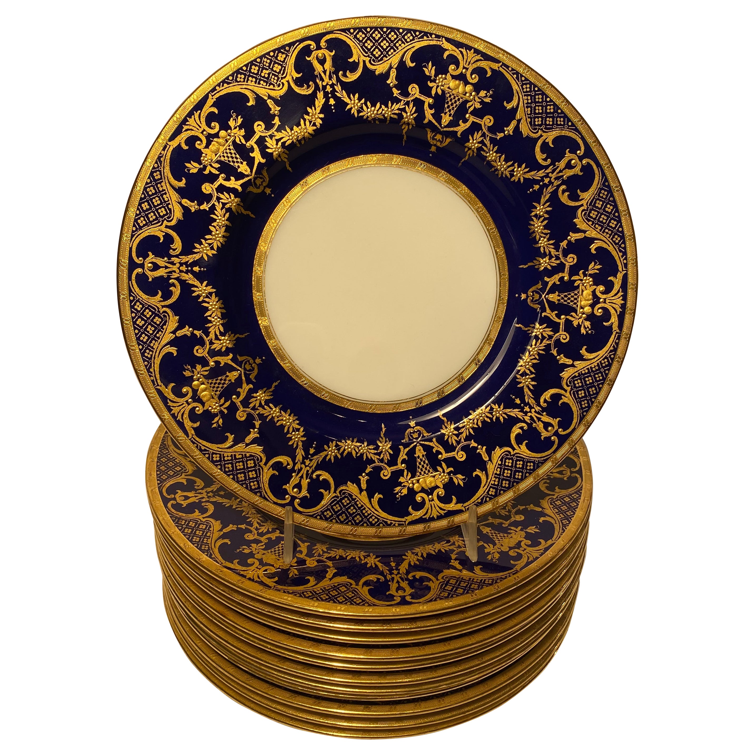 12 Minton England Antique Custom Cobalt Blue Raised Gold Salad or Dessert Plates