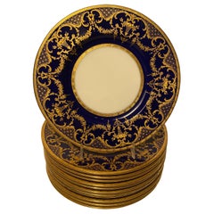 12 Minton England Antique Custom Cobalt Blue Raised Gold Salad or Dessert Plates