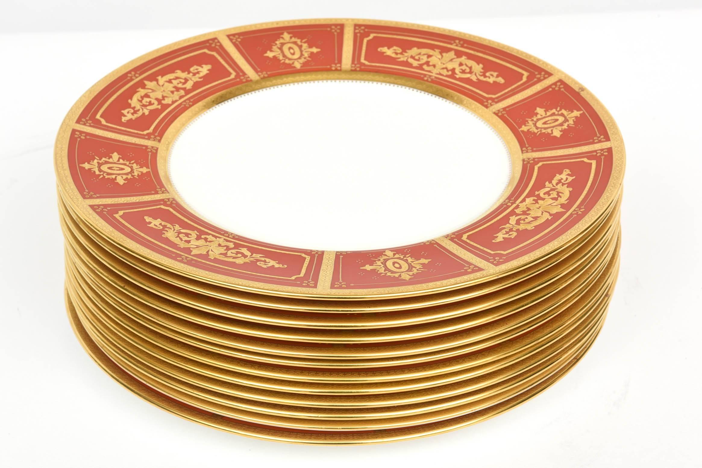 Hand-Crafted 12 Minton for Tiffany Antique Orange Raised Gilt Encrusted Dinner Plates