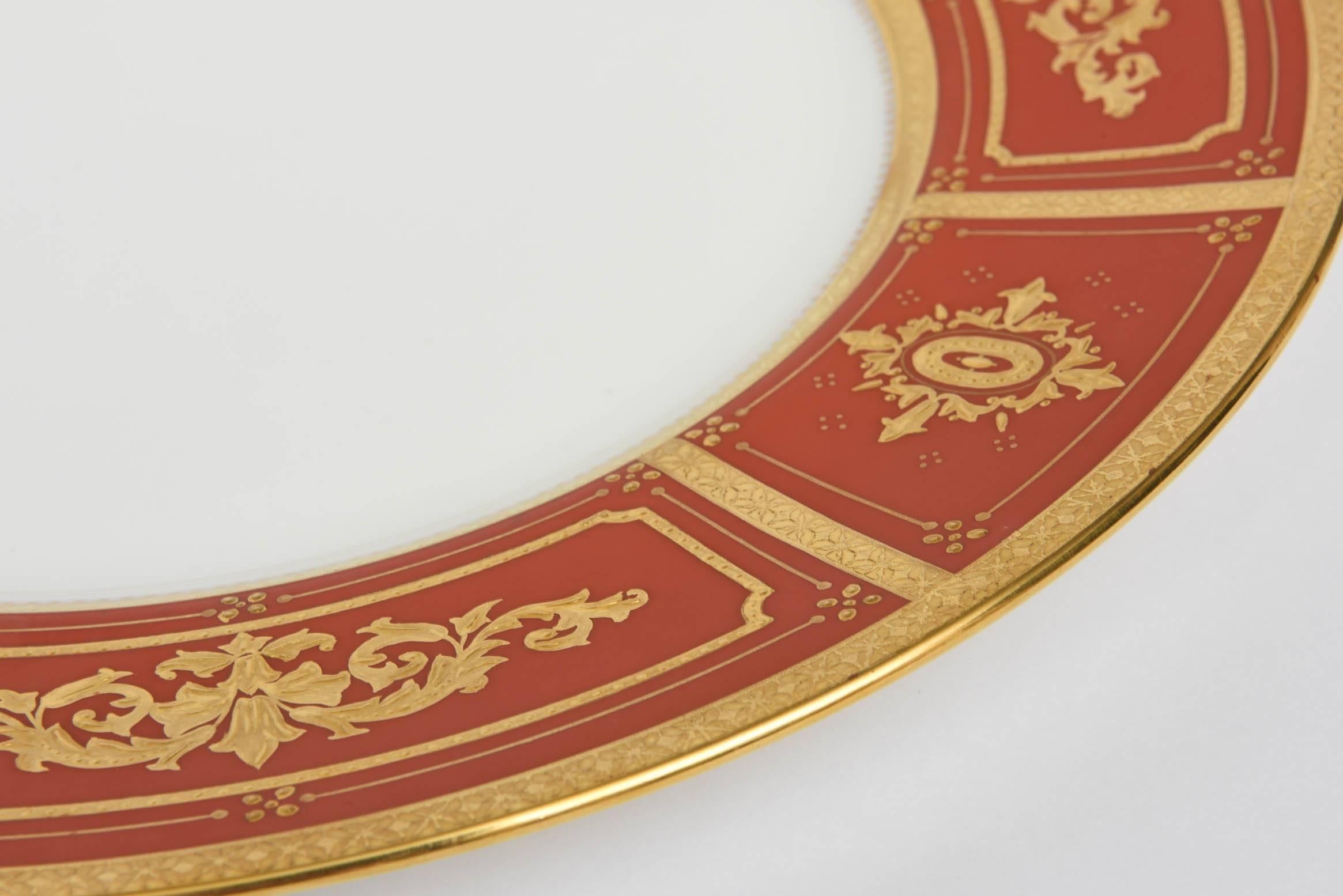Gold 12 Minton for Tiffany Antique Orange Raised Gilt Encrusted Dinner Plates