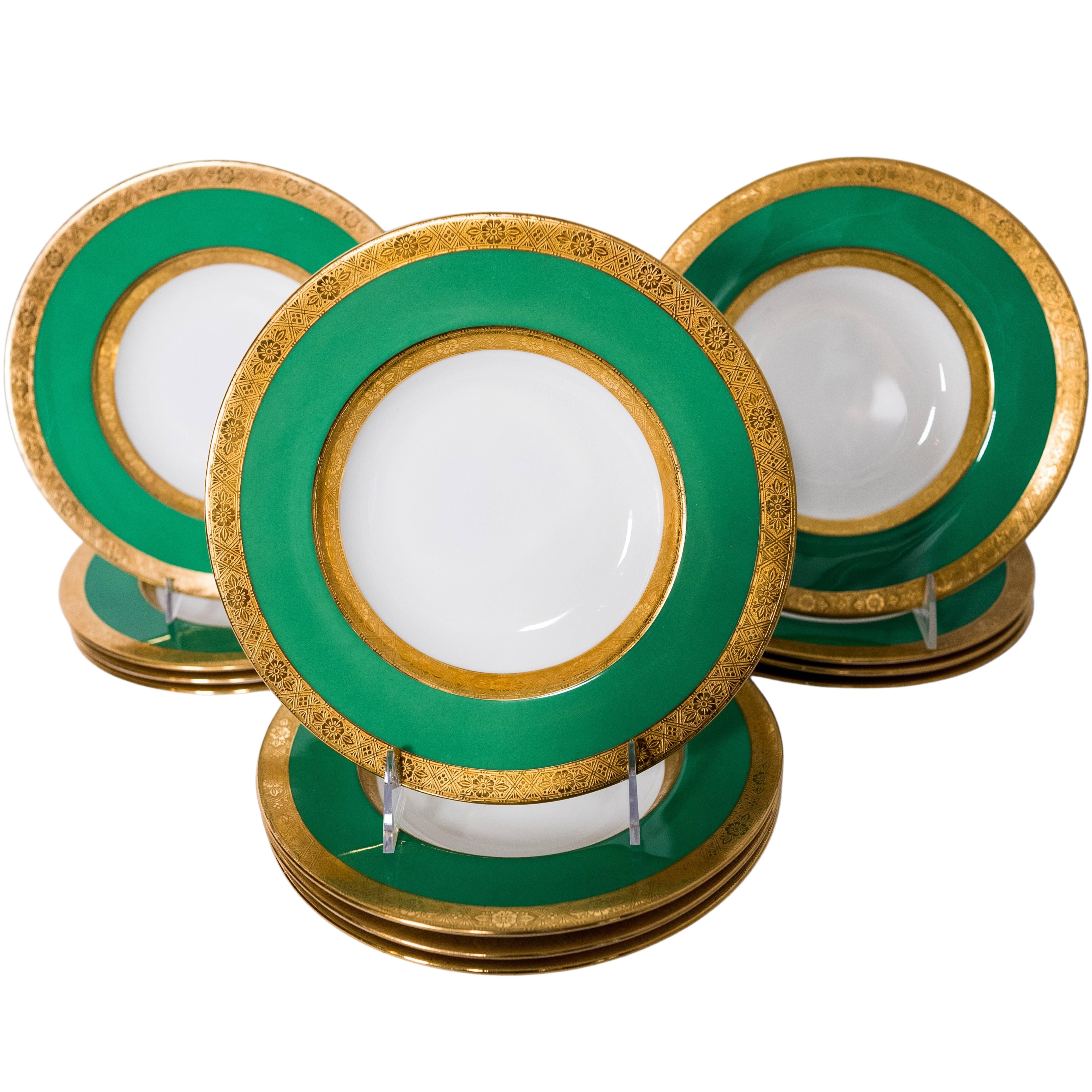 12 bols à soupe Minton pour Tiffany vert vif bordés de bordures, col extra large en vente 1