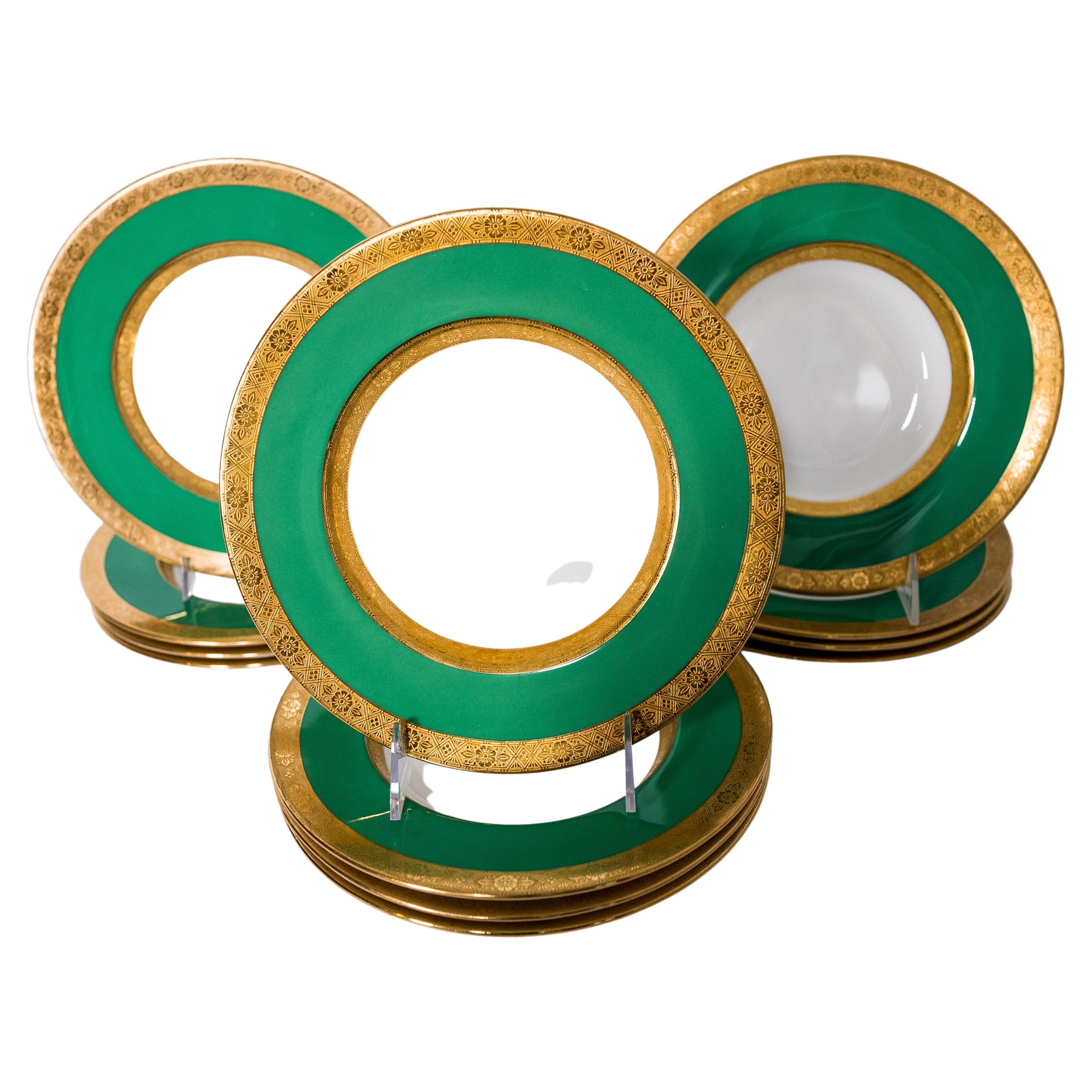 12 cuencos soperos Minton para Tiffany con borde verde vibrante, cuello extra ancho