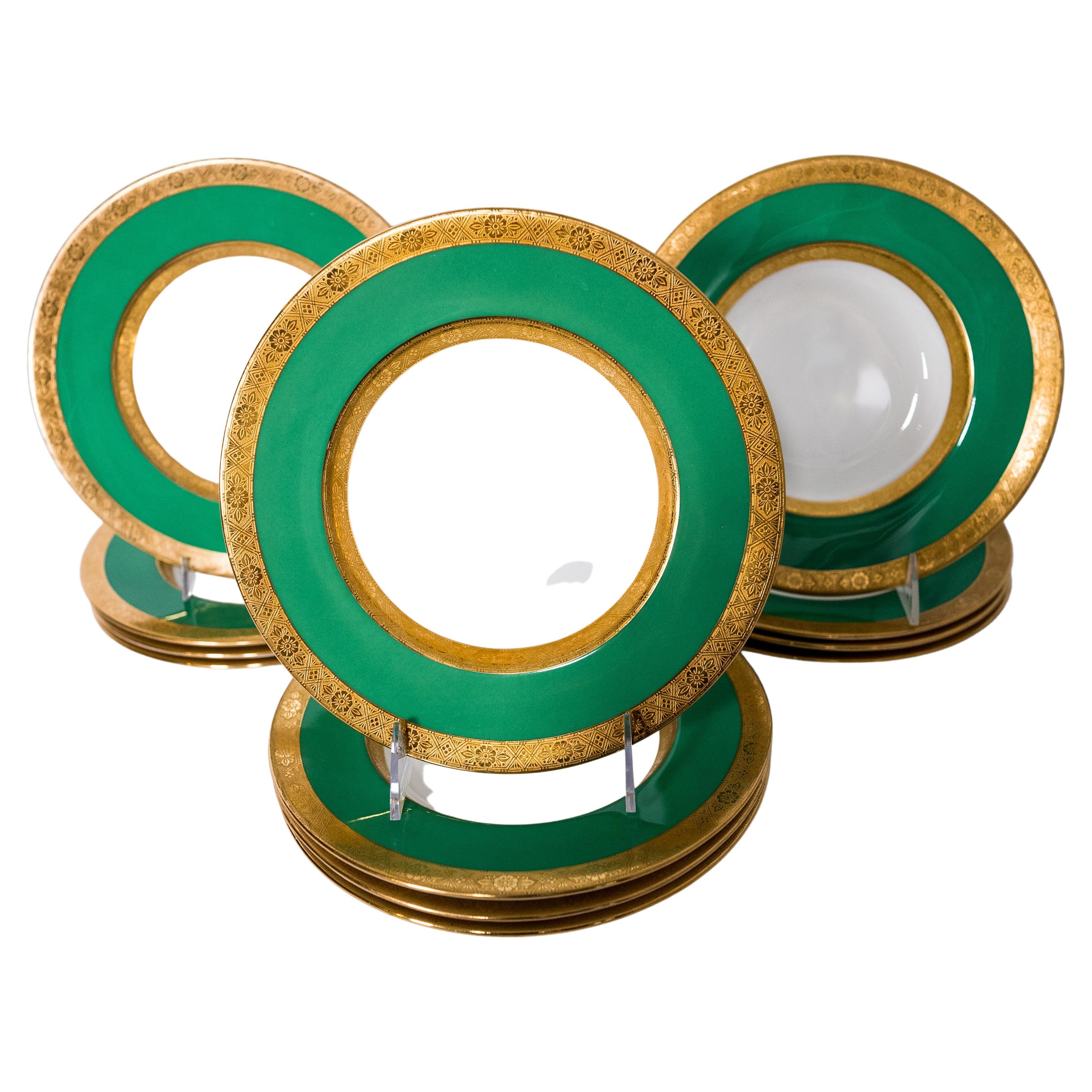 12 bols à soupe Minton pour Tiffany vert vif bordés de bordures, col extra large en vente