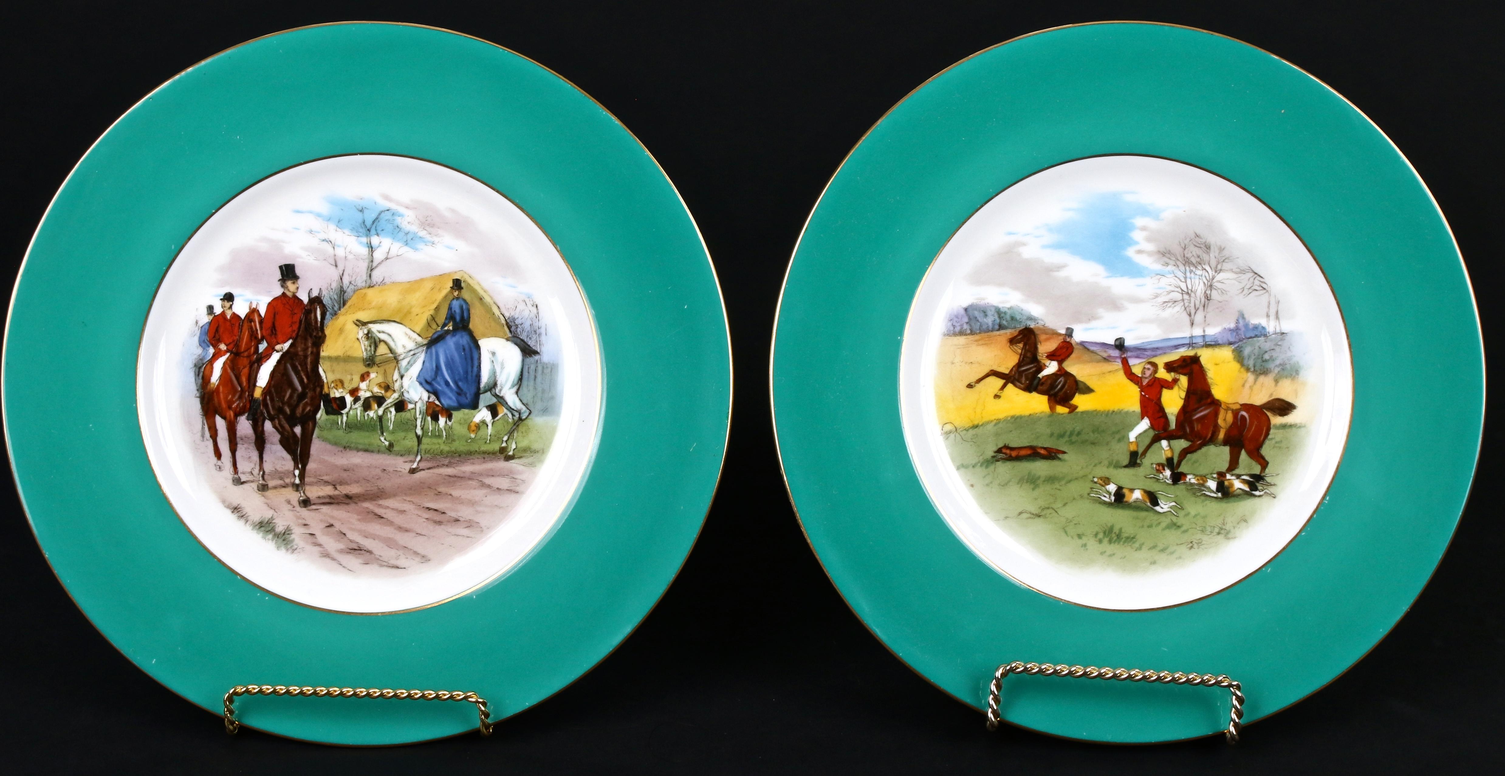 Hand-Painted 12 Minton Hand Painted Fox Hunt Plates, by Artist J.E. Dean For Sale