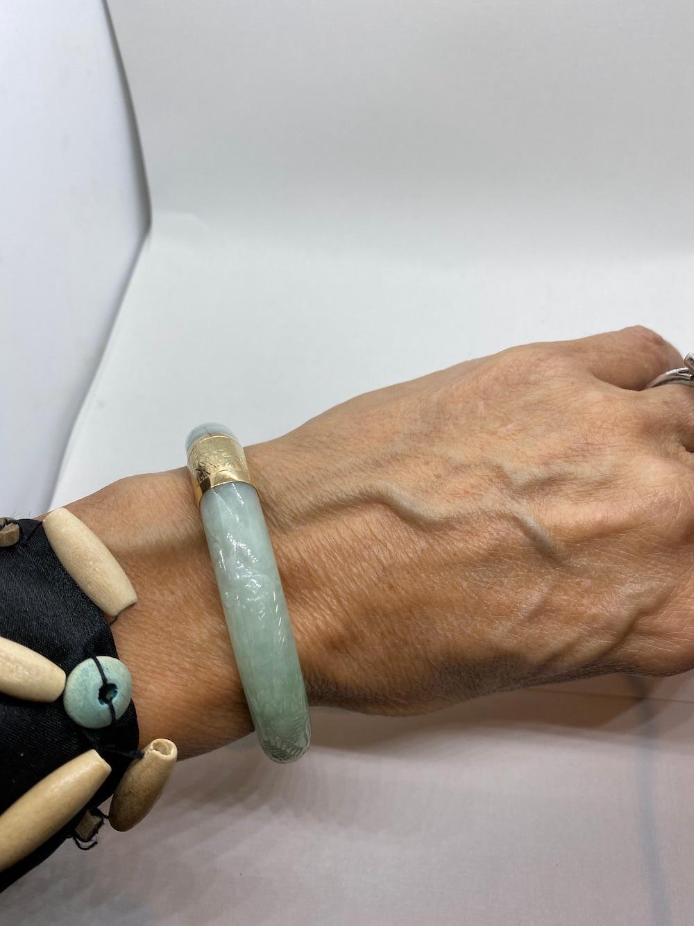 Modern Carved Green Jadeite Bracelet 14 Karat Gold Pictures Fish or Peacock