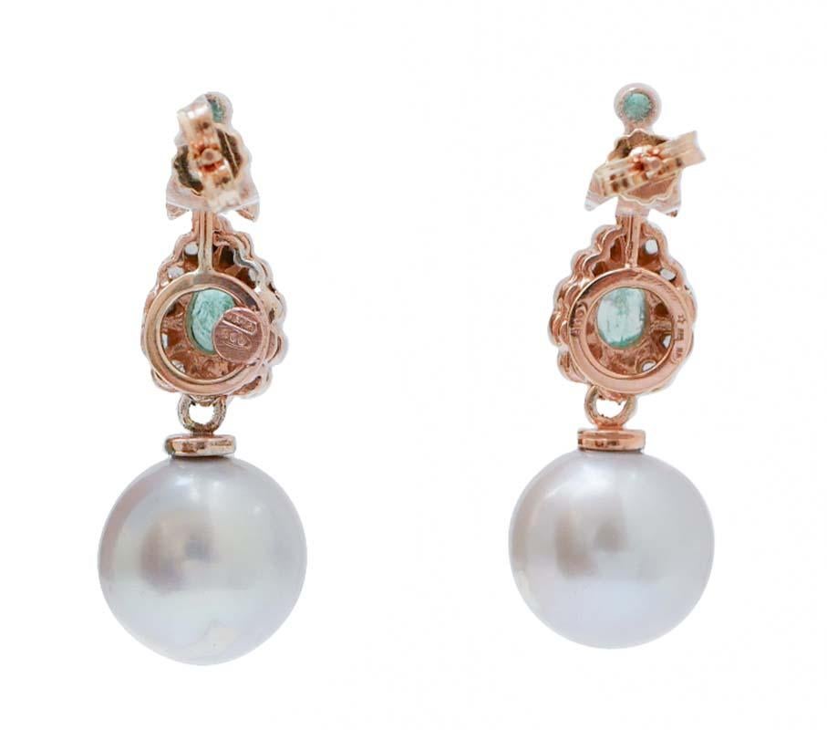 Retro 12 Mm Grey Pearls, Emeralds, Diamonds, Rose Gold and Silver Earrings. For Sale