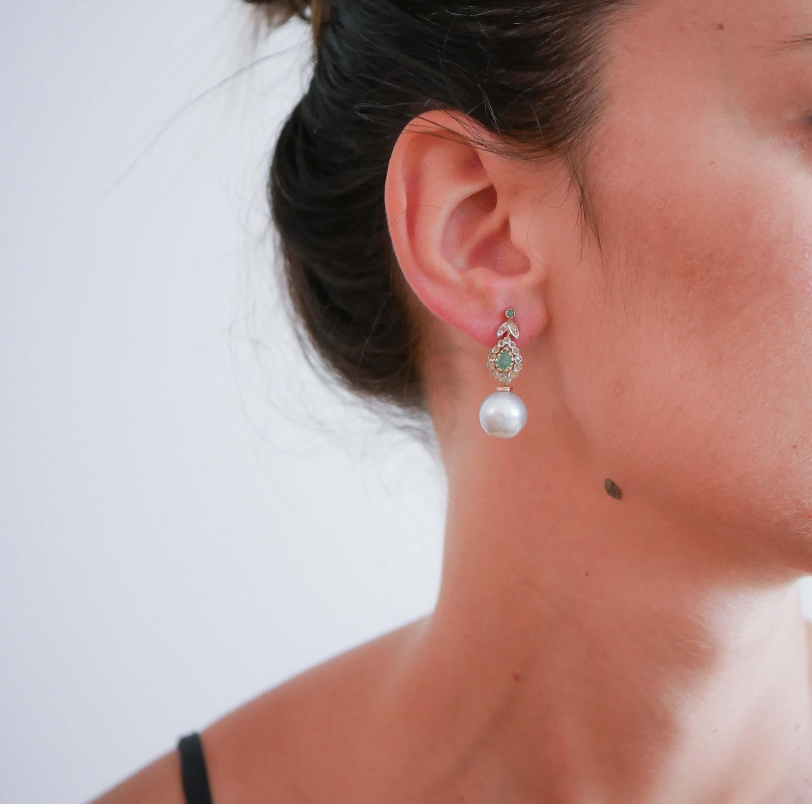 Mixed Cut 12 Mm Grey Pearls, Emeralds, Diamonds, Rose Gold and Silver Earrings. For Sale
