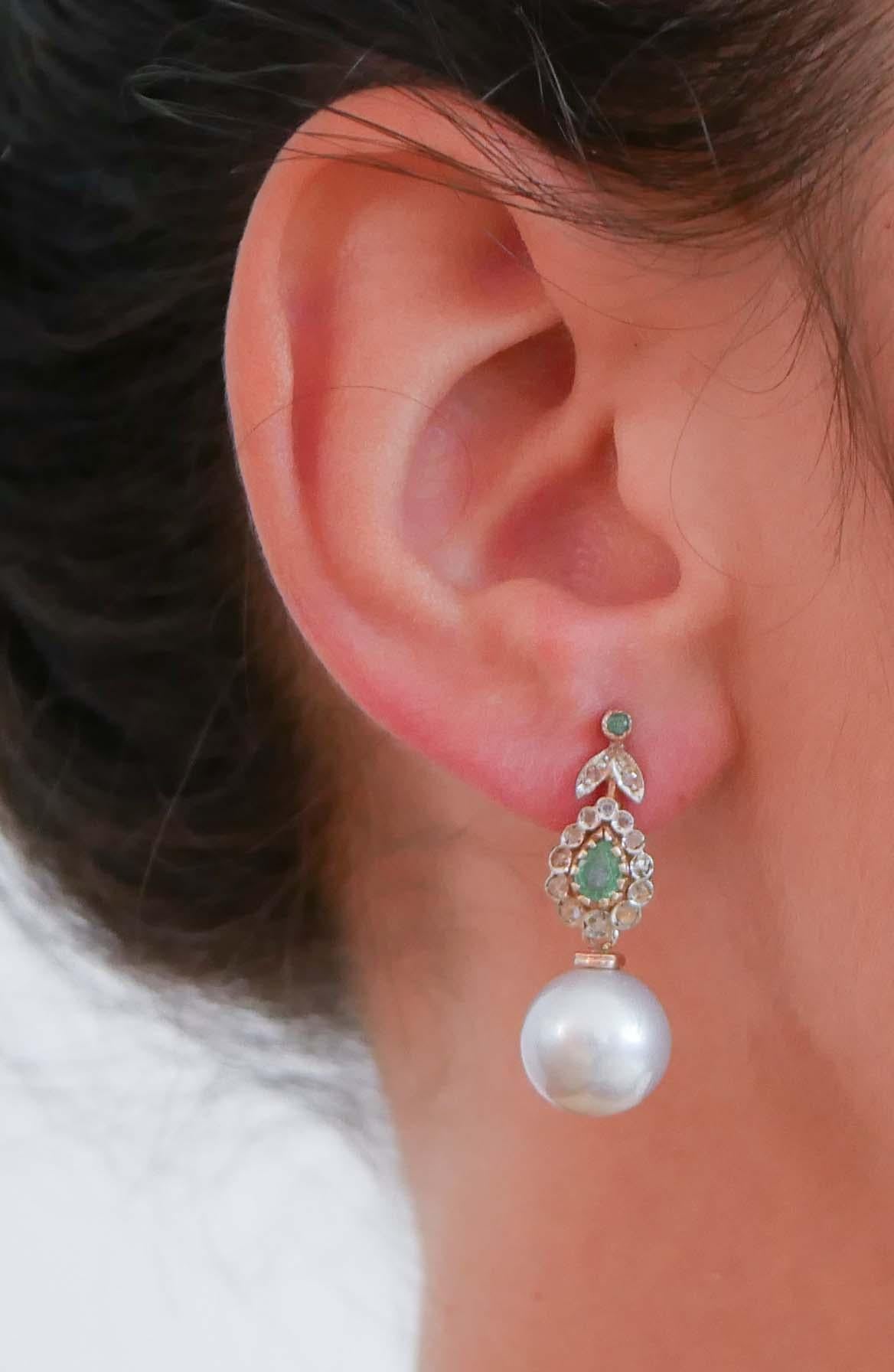 12 Mm Grey Pearls, Emeralds, Diamonds, Rose Gold and Silver Earrings. In New Condition For Sale In Marcianise, Marcianise (CE)