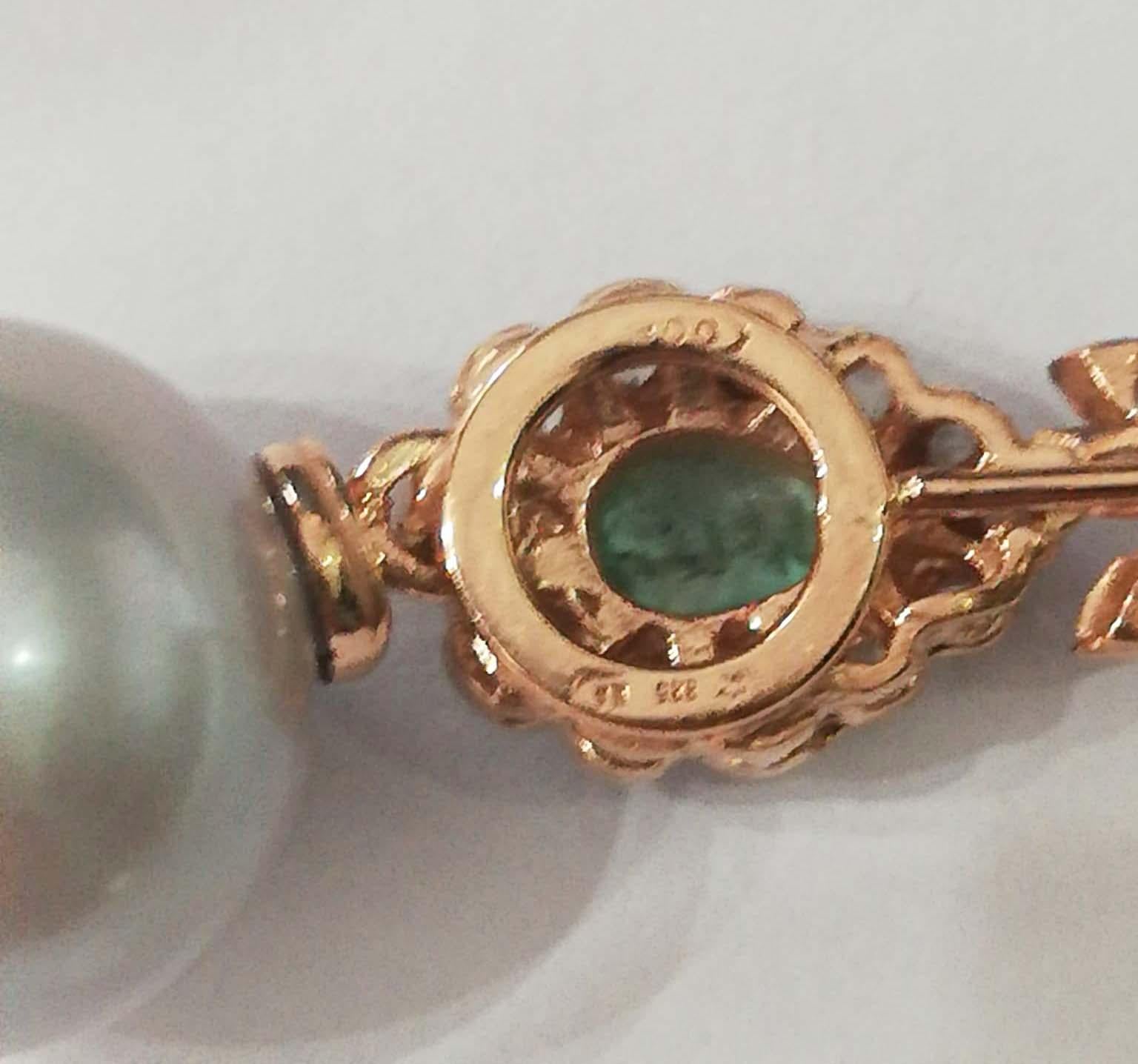 12 Mm Grey Pearls, Emeralds, Diamonds, Rose Gold and Silver Earrings. For Sale 1