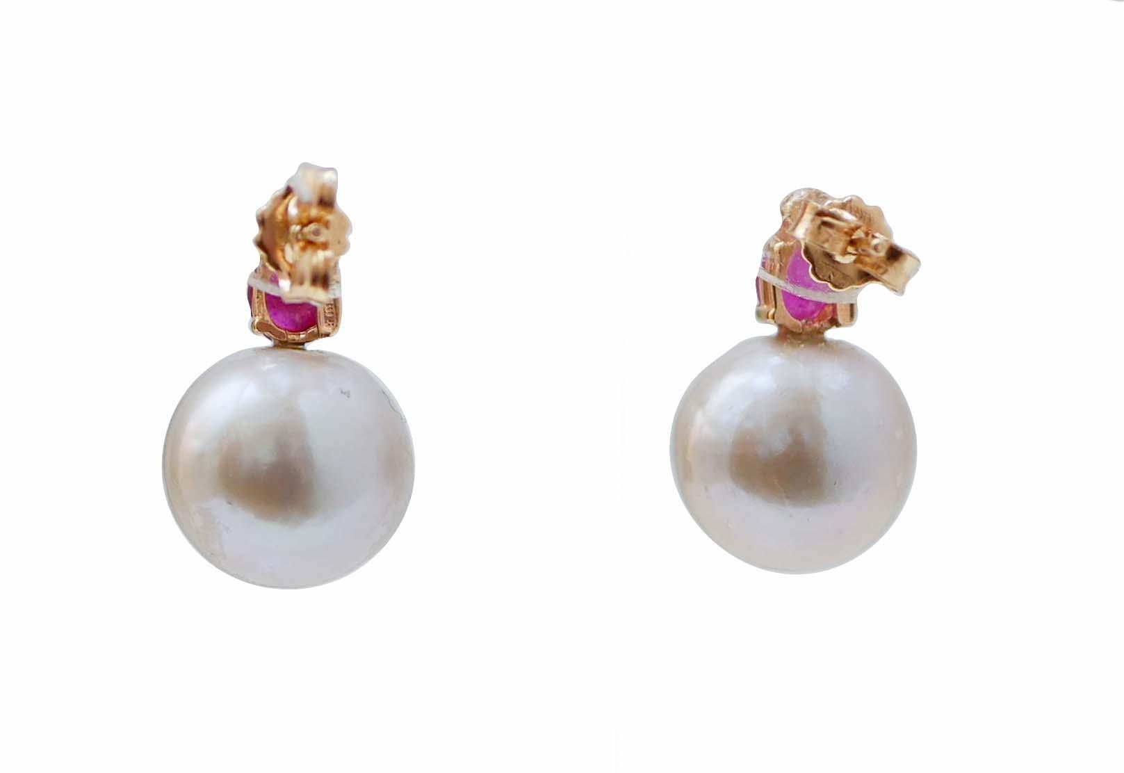 Pendientes de perlas grises de 12 mm, rubíes, diamantes y oro rosa de 14 quilates. Retro