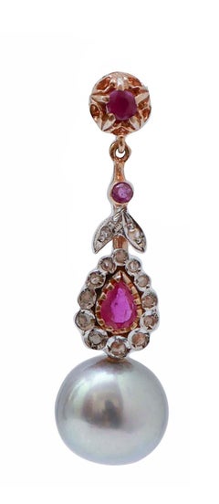 12 Mm Grey Pearls, Rubies, Diamonds, Rose Gold and Silver Earrings.