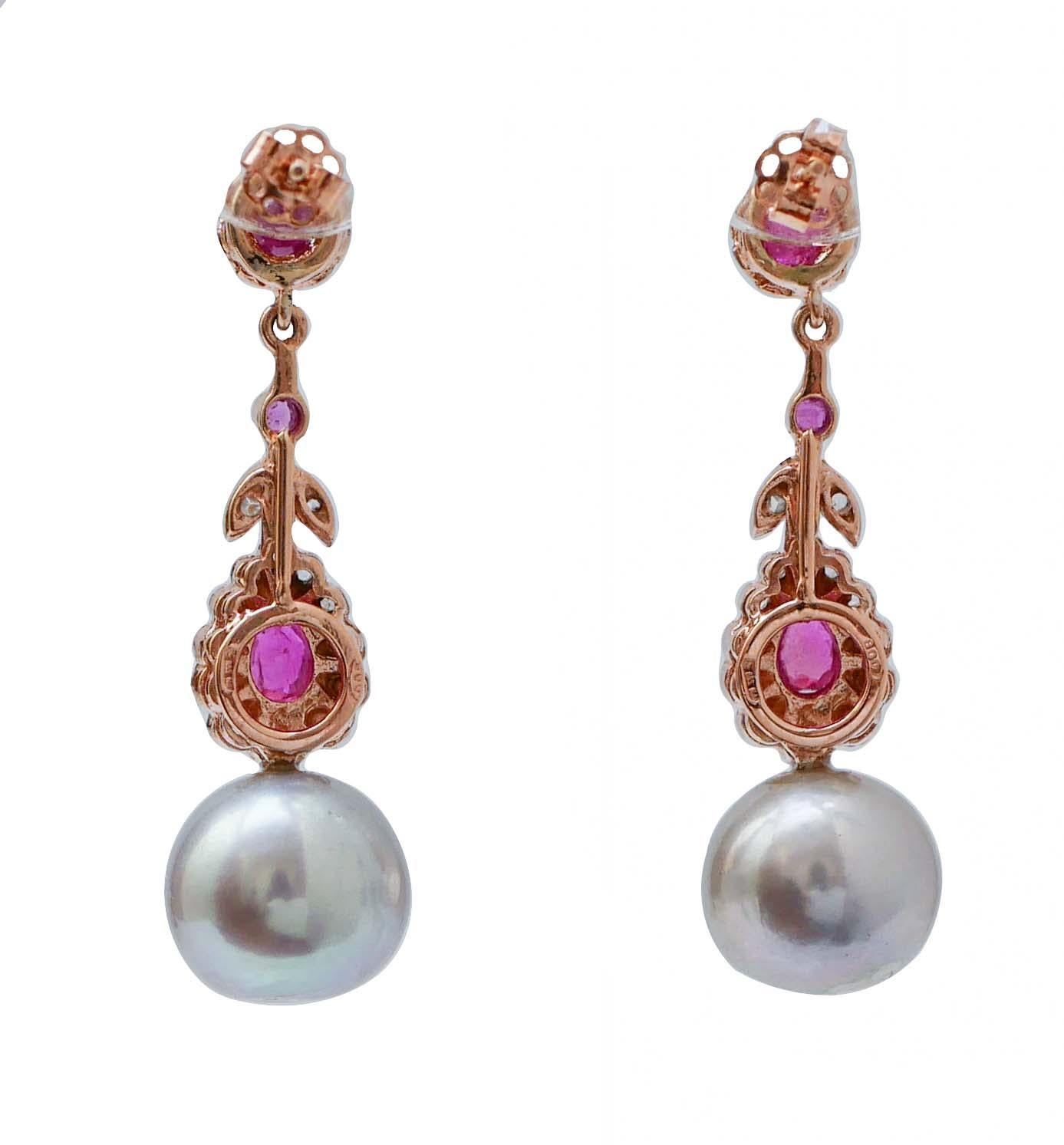 Retro 12 Mm Grey Pearls, Rubies, Diamonds, Rose Gold and Silver Earrings.