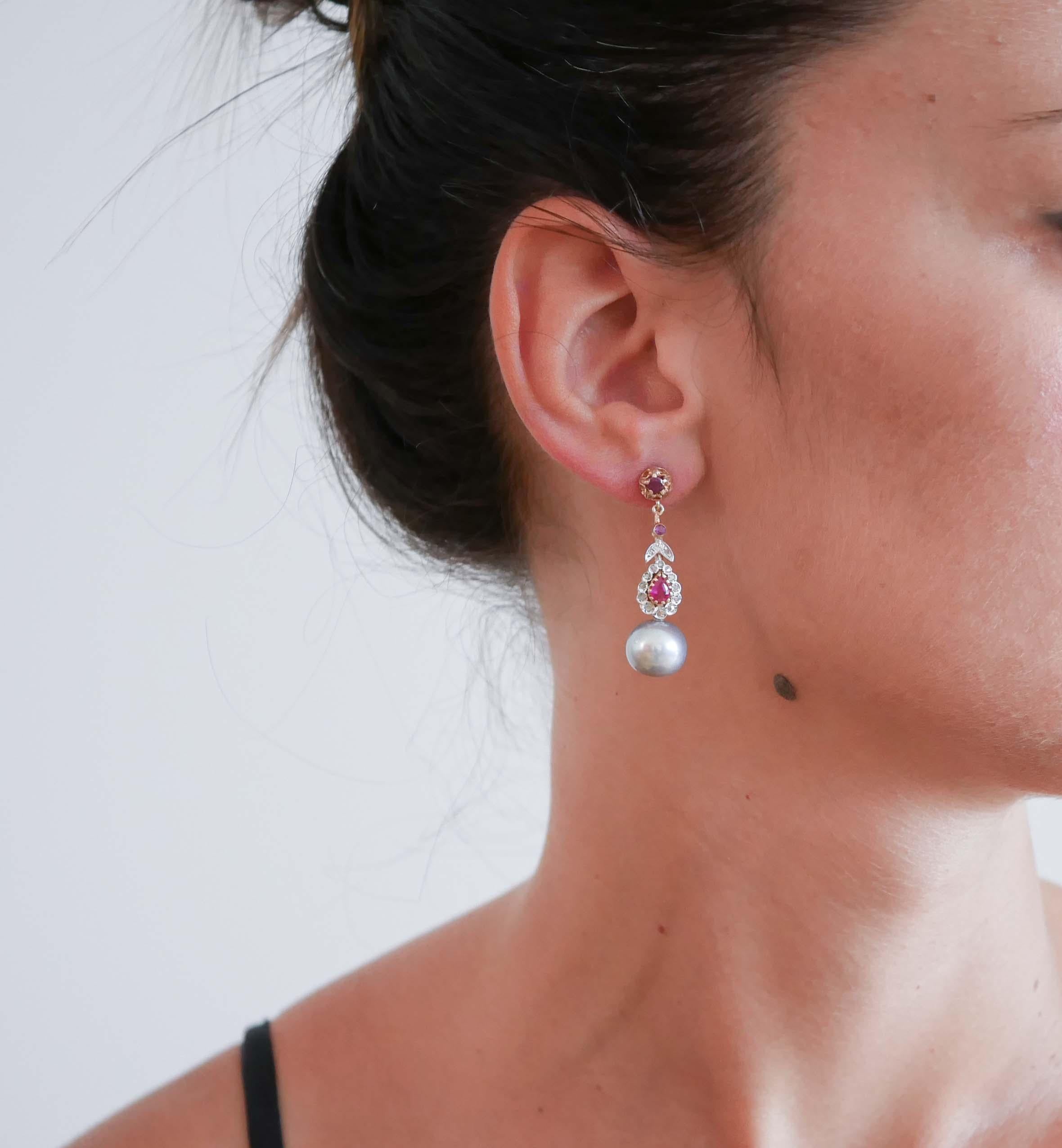 Mixed Cut 12 Mm Grey Pearls, Rubies, Diamonds, Rose Gold and Silver Earrings.