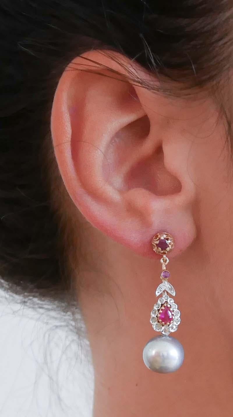 12 Mm Grey Pearls, Rubies, Diamonds, Rose Gold and Silver Earrings. In New Condition In Marcianise, Marcianise (CE)