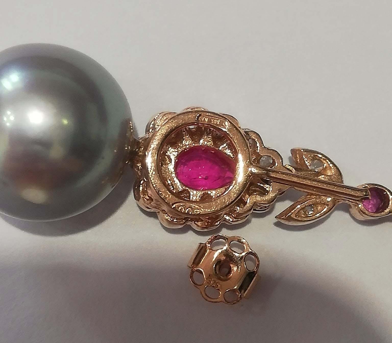 Women's 12 Mm Grey Pearls, Rubies, Diamonds, Rose Gold and Silver Earrings.